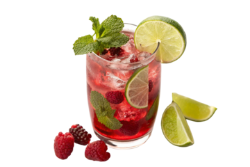 Refreshing raspberry mojito cocktail with lime and mint leaves in glass for summer enjoyment