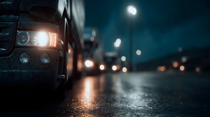 Trucks waiting at a border crossing during a nighttime customs inspection