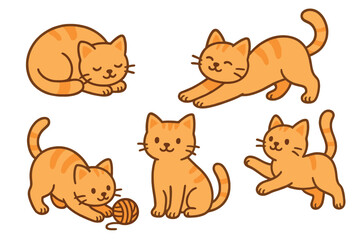 An illustration of five adorable orange cats enjoying playful and calming activities, radiating joy—perfect for children's themes, educational materials, or cheerful design projects.
