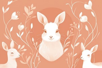 Charming illustration of a rabbit surrounded by delicate flora and serene deer in a pastel-toned composition