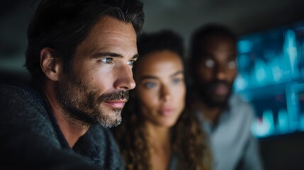 Marketing team analyzing data on a screen in a professional office setting