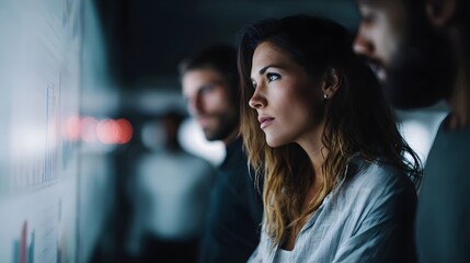 Marketing team analyzing data on a computer screen in an office setting