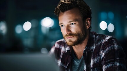 A focused businessman working on a laptop in a dimly lit office  long title A man sits intently at his desk working on a laptop in a modern dimly lit