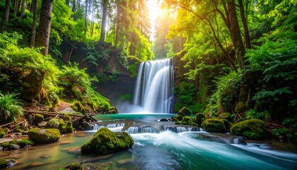 Fototapeta premium Waterfall cascades through lush forest, bathed in golden sunlight ambiance