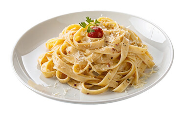 Delicious creamy fettuccine Alfredo with parmesan and cherry tomato garnish on a white ceramic plate