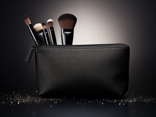 Elegant black makeup bag filled with professional brushes, ready for glamorous beauty routines and travel.