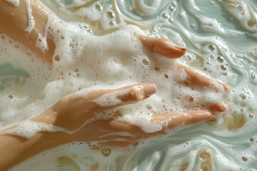 Fototapeta premium A woman's hands are submerged in foamy, soapy water inside a bathtub. The water is a light blue color with white swirls around the hands
