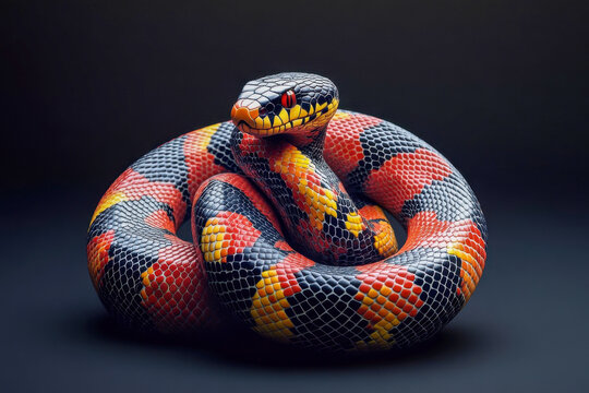 Striking Milk Snake coiled against black. Red, yellow, black scales show intricate pattern