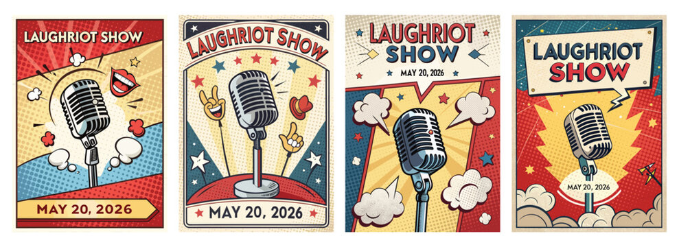 Vibrant promotional posters for a comedy show featuring a classic microphone, colorful bursts, and playful elements.