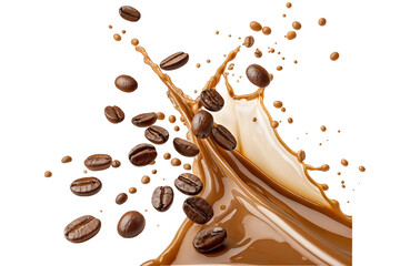 Coffee bean explosion with milk splash creates dynamic visual for caffeine lovers and beverage enthusiasts