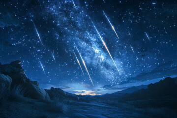 A meteor shower streaks across the night sky filled with stars in the Southwestern United States