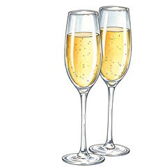 Two champagne flutes filled with sparkling wine. Watercolor isolated on transparent background