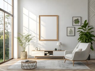 Bright modern living room with armchair and large window