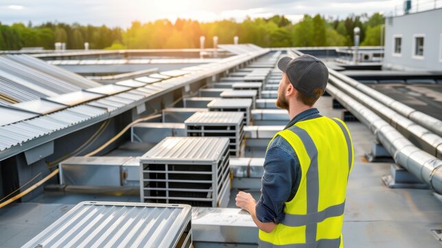 Engineer inspecting rooftop HVAC and ventilation systems on a commercial building at sunset, industrial maintenance