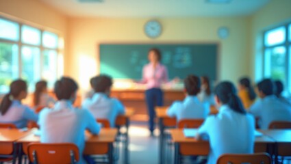 Obraz premium A classroom scene with students listening to a teacher at the blackboard. Education and learning, classroom setting. Teaching and instruction. The concept of education and teaching.
