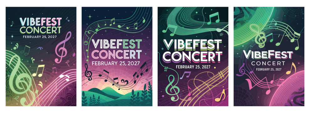 Colorful concert posters featuring musical notes and vibrant colors promoting Vibefest Concert, February 25, 2027.