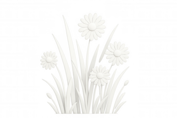 Paper cut flowers blooming, delicate grass silhouettes forming ethereal botanical composition against transparent backdrop