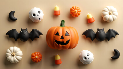 Cheerful Halloween decorations, including a smiling jack-o'-lantern and cute bats, with candies and mini pumpkins
