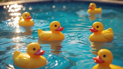 Bright yellow rubber ducks floating on water with sunlight reflections.