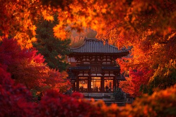 Fototapeta premium 紅葉に囲まれた寺院、秋の情景