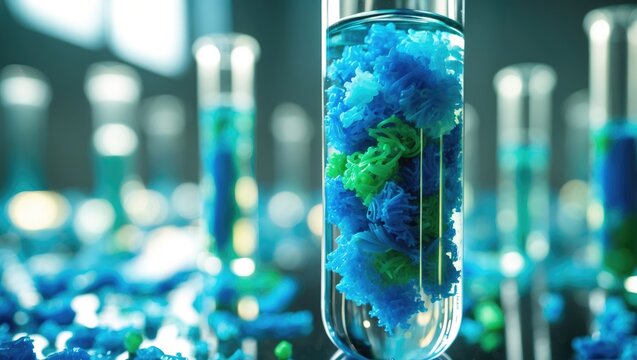Medical experiment with colorful DNA structures in a test tube. Scientific research and biotechnology. Laboratory analysis and genetic engineering. The concept of scientific discovery and innovation