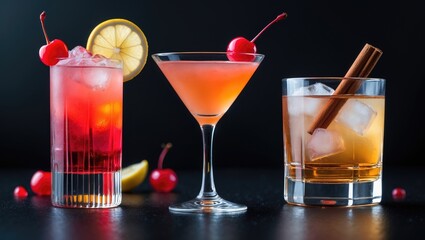 Colorful cocktails with cherries, lemon, and cinnamon sticks. Refreshing beverages served with ice and garnishes. The concept of mixed drinks and cocktails.