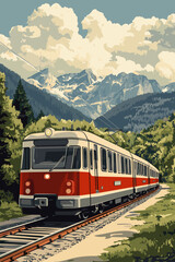 Fototapeta premium Vintage Red Train Through Lush Green Landscape