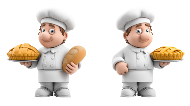 Cartoon chefs holding pie and loaf
