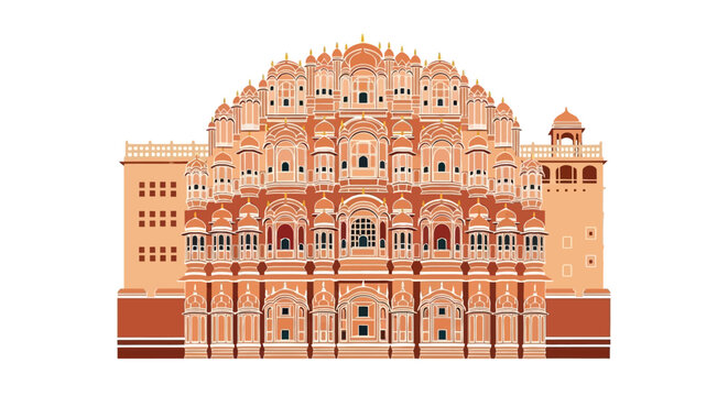 Detailed vector illustration of a historic pink palace in Jaipur, India. Famous Rajasthani architecture and travel landmark isolated on white. india