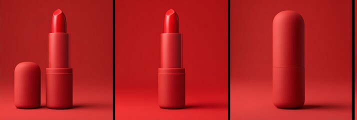 Rossetto rosso opaco in tre pose su sfondo rosso, eleganza e bellezza per il make-up.