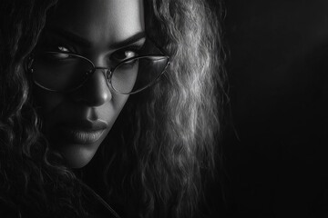 Ritratto in bianco e nero di una donna con capelli ricci e occhiali, sguardo intenso e misterioso.