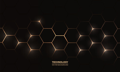 Black and gold hexagonal technology abstract background with honeycombs. Vector illustration