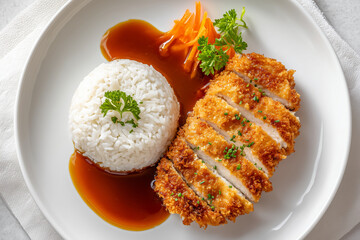 A delicious golden yellow chicken cutlet and tomato sauce and rice served in a white ceramic plate.  Fusion food.