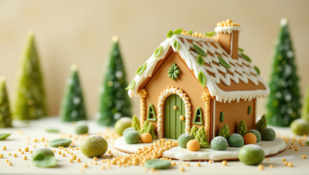 Elegant gingerbread house in a miniature winter scene, with refined green and gold details, representing sophisticated holiday baking, Christmas traditions, and festive dessert art.

