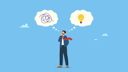 Businessman thinking with mess problem and lightbulb idea. Problem solving, solution or strategic thinking, creativity to solve frustrated problem, contemplation on messy issue, opportunity discovery.