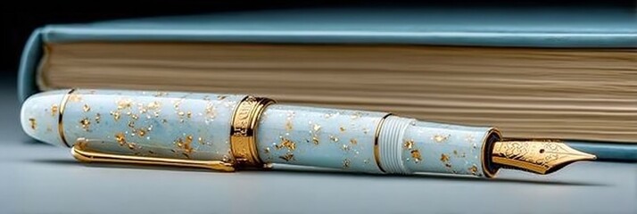 Penna stilografica di lusso d'epoca con dettagli dorati appoggiata su libri antichi, eleganza e cultura