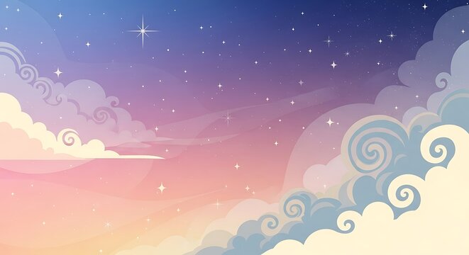Whimsical dreamy sky illustration with pastel hues and celestial elements that evoke serenity and