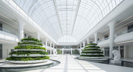 Modern architecture interior design with skylight and indoor plants for office or hotel lobby space