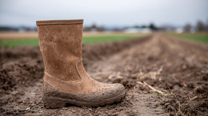 Fototapeta premium Muddy boot on a rural dirt path with fields in the background.