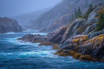 Costa rocciosa battuta dalle onde con nebbia e vegetazione, paesaggio marino drammatico.