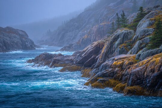 Costa rocciosa battuta dalle onde con nebbia e vegetazione, paesaggio marino drammatico.