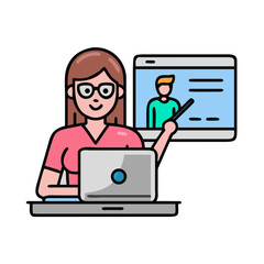 Woman teacher on laptop lead online lesson