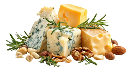 Assorted Cheese Board with Brie Wedges, Cheddar Slices, and Grapes on Transparent Background