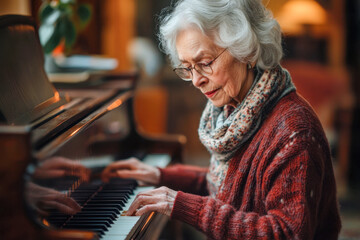 An older woman with white hair, wearing glasses, plays the piano in a warm, softly lit room. She is focused and wearing a scarf and a red sweater