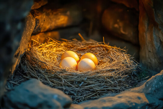 A close up shows four brown eggs sitting in a small straw nest. The nest is nestled in a natural rocky alcove. Warm light illuminates the eggs - Powered by Adobe