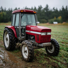Obraz premium Red tractor in muddy field on an overcast day