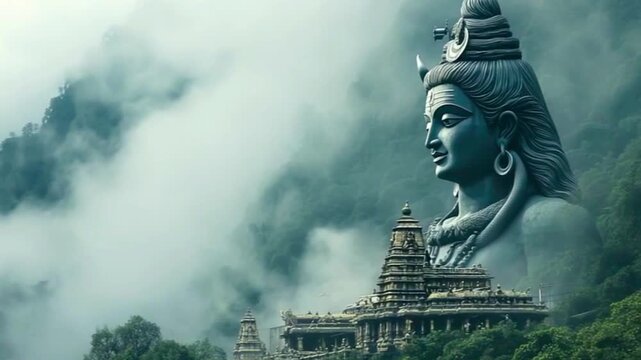 mysthic bust of shiva statue, temple and gorgeous landscape with high mountain covered in mist