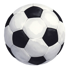 Classic soccer ball with black and white pentagons and hexagons.  Watercolor isolated on transparent background