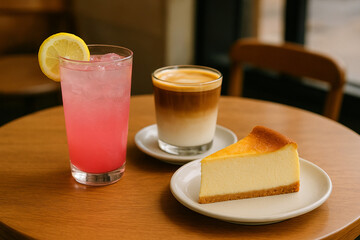 Pink Lemonade, Layered Coffee, and New York Cheesecake on Caf&eacute; Table