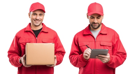Delivery man with box and tablet